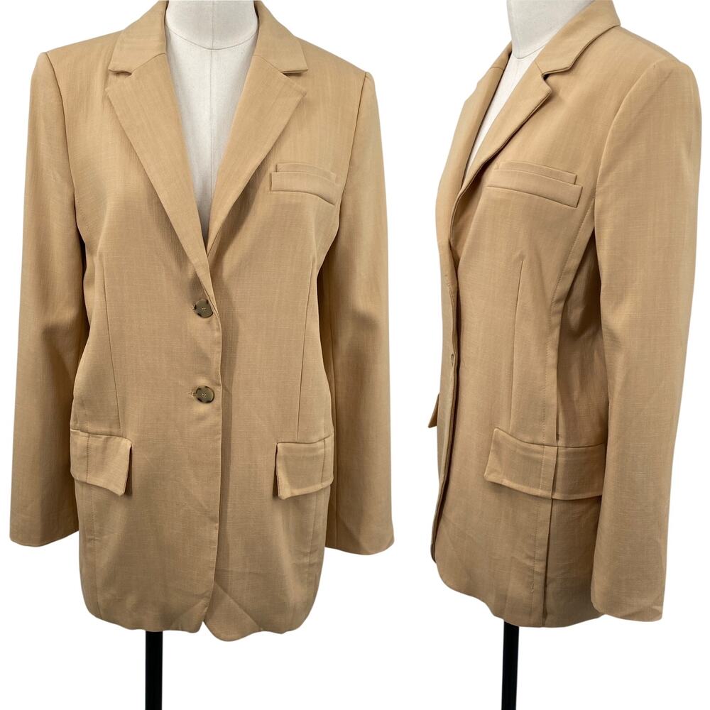 Zara Oversized Blazer Button Front Lapel Collar Woven Cream Sand Womens Small